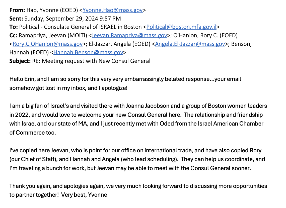 email from Yvonne Hao